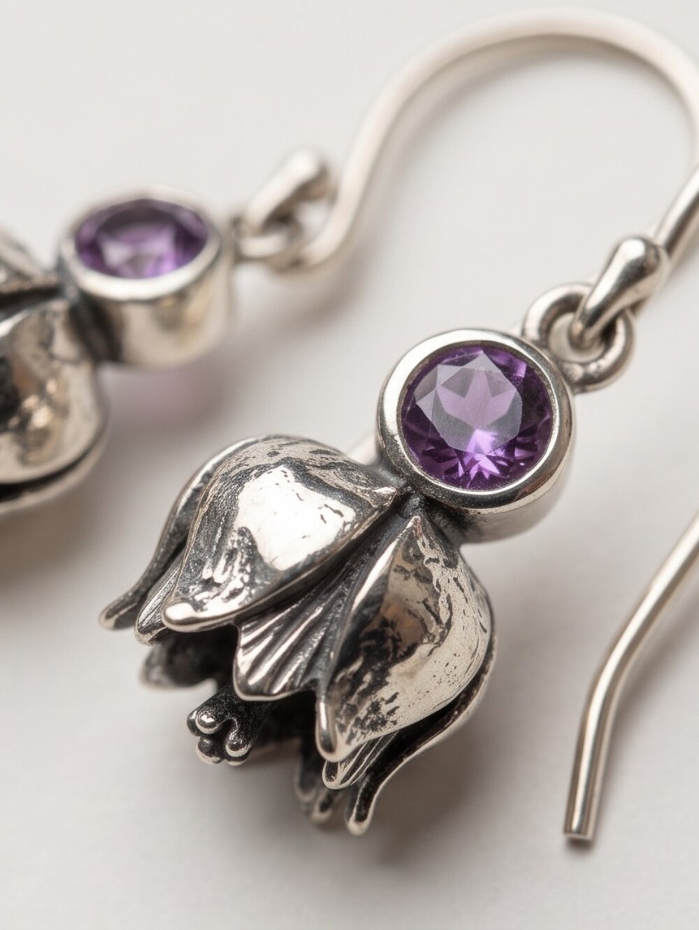 Sterling Silver Bali made Flower And Amethyst  Dangle Earrings - Picture 3 of 8